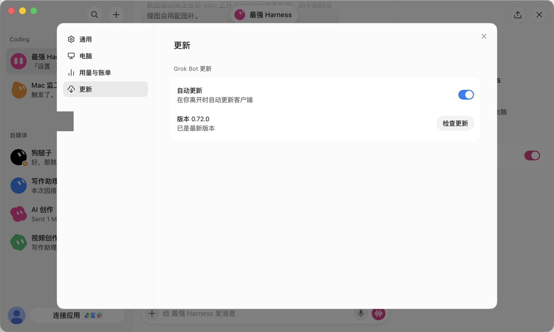 Grok Bot 设置 · 更新页自动更新开关、版本号与检查更新按钮