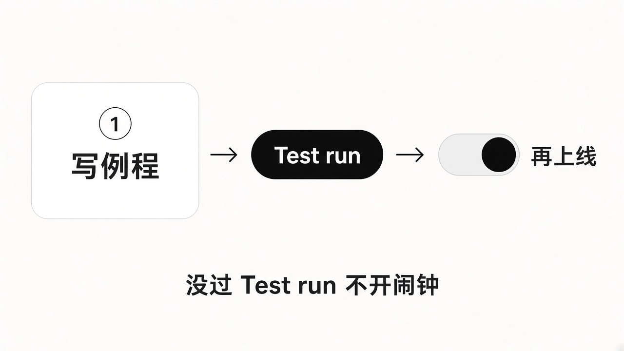 写例程 → Test run → 再上线:没过 Test run 不开闹钟